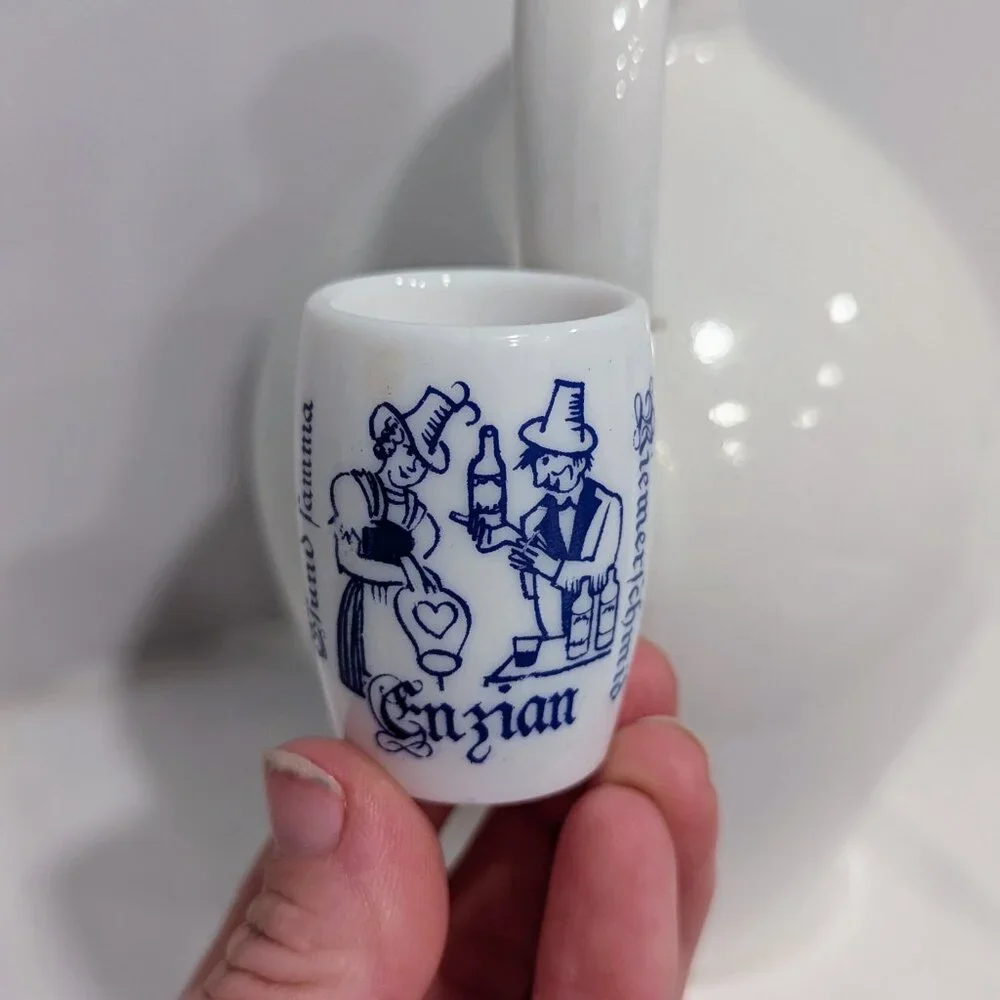 VTG Bavarian Enzian Liqueur Decanter Attached Shot Glass Floral Barware 60s